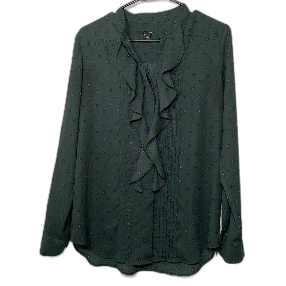 Ann Taylor SMALL Green red-blue details, Button Ruffle Shirt Top Long Sleeve